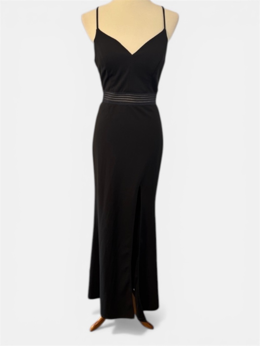 Black Spaghetti Strap Gown with Mesh Waist & Slit – Size 7